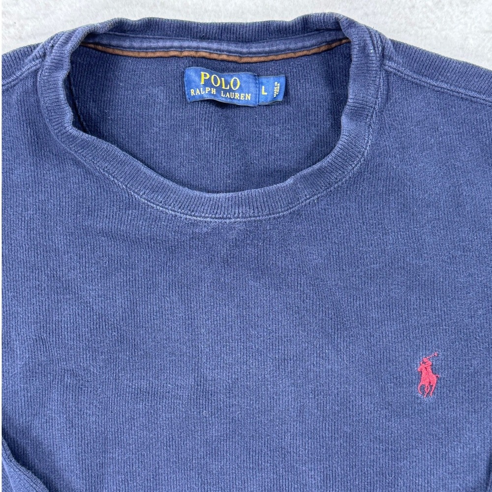 Polo Ralph Lauren Mens Navy Blue Ribbed Cotton Crewneck Sweater Large Red Pony
